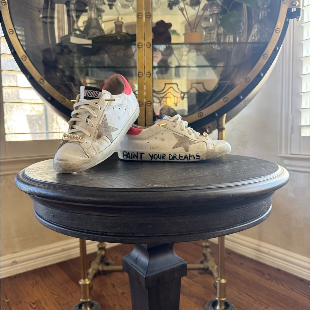 Golden Goose White Sneakers with Gold Stars and Pink Suede accents Limited Editi